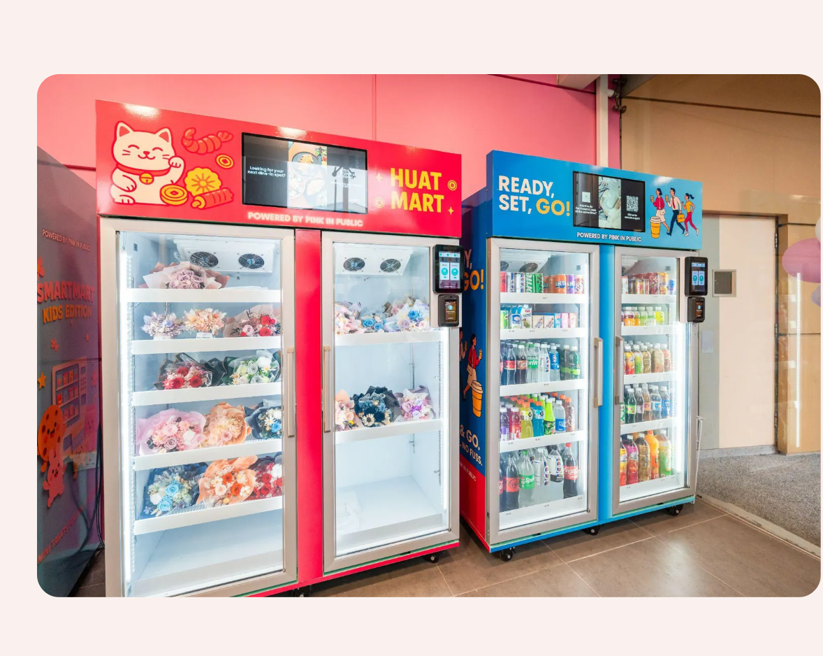 Pink in Public smart retail vending machines with digital advertising screens